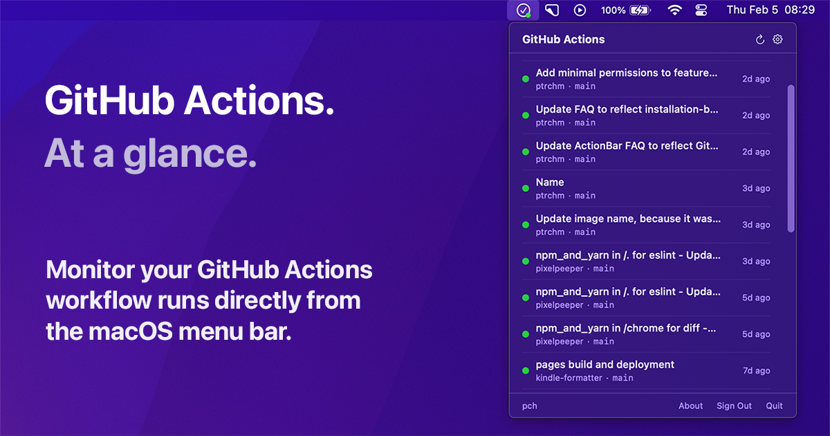 ActionBar – GitHub Actions in macOS Menu Bar