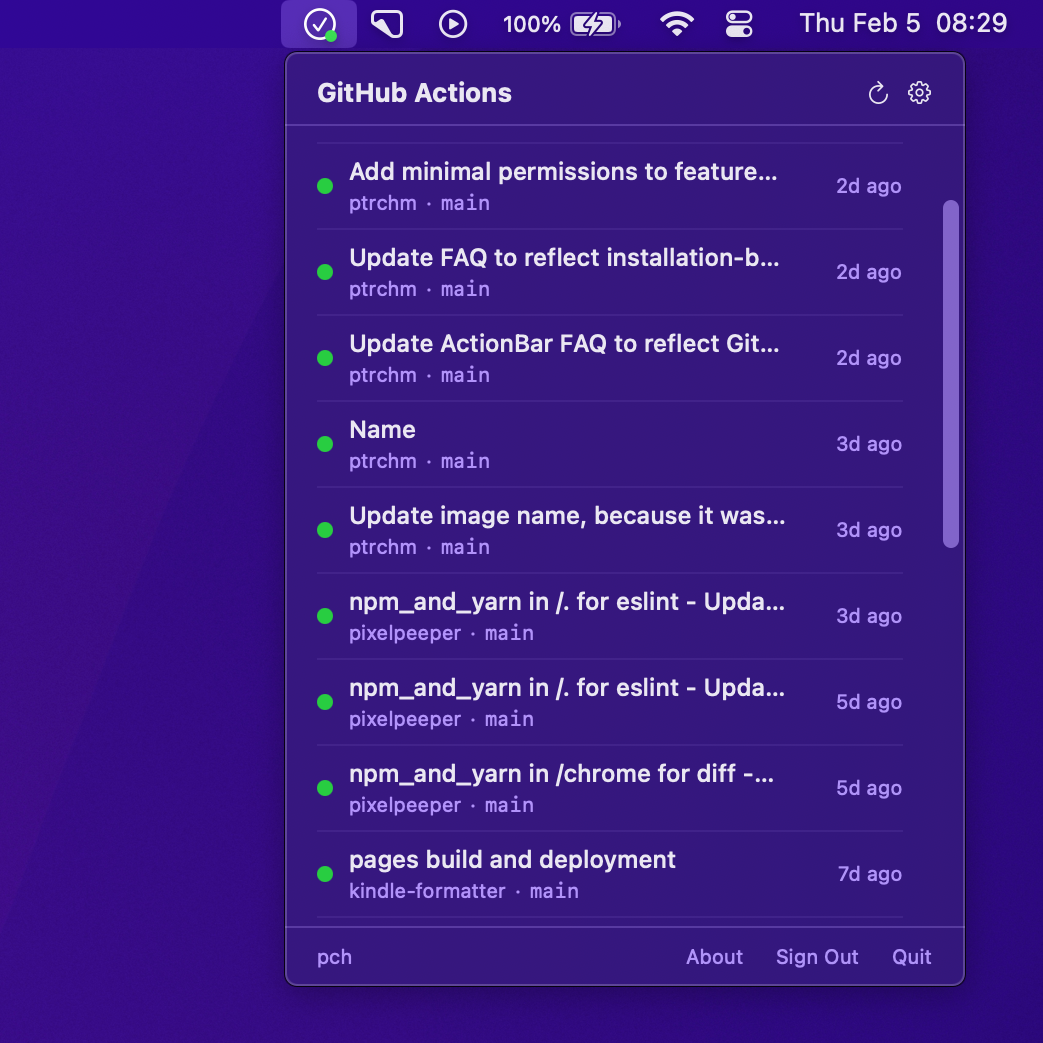 ActionBar showing GitHub Actions workflow runs in the macOS menu bar